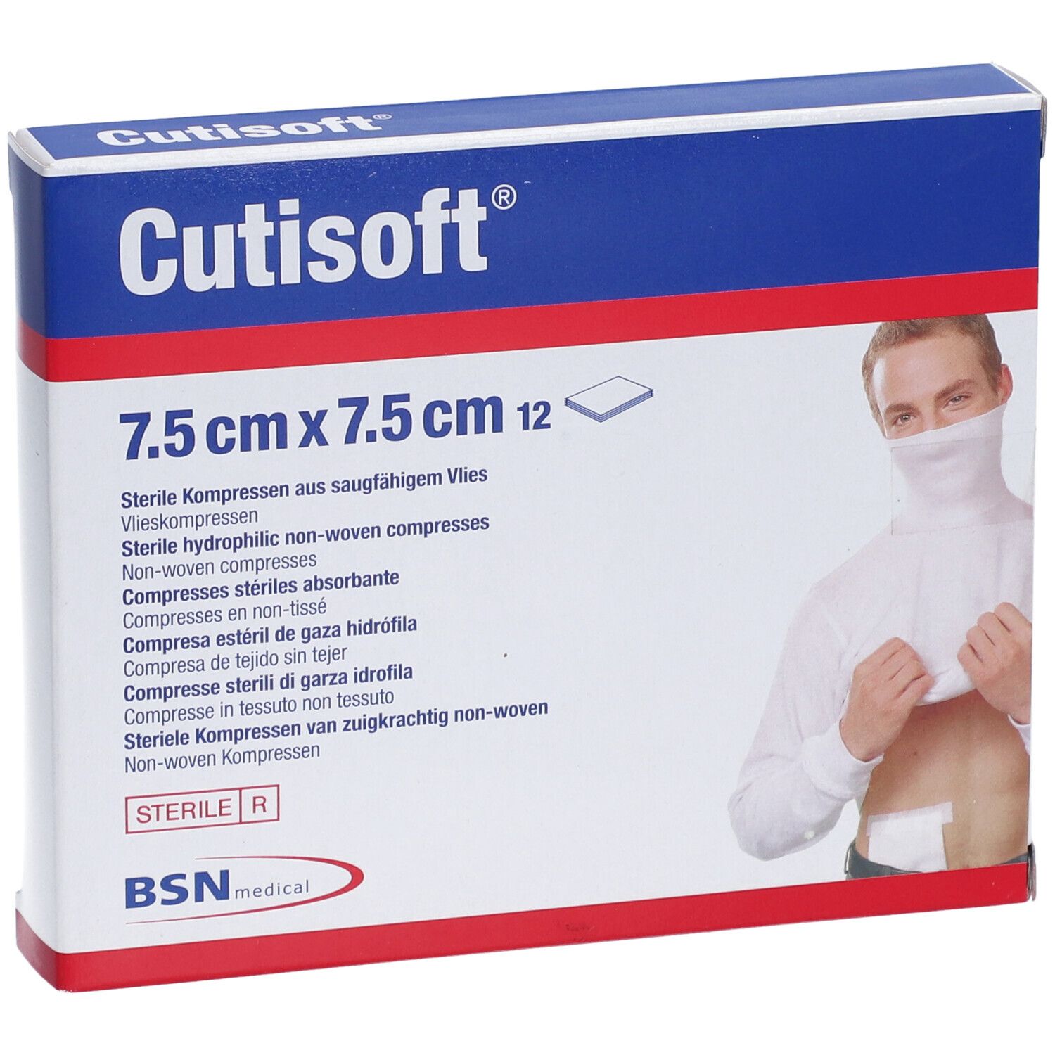 Boîte de compresses Cutisoft® 7,5 cm x 7,5 cm, 12 pièces. Inscriptions : Cutisoft®, BSN medical. Illustration d'une personne avec compresse.