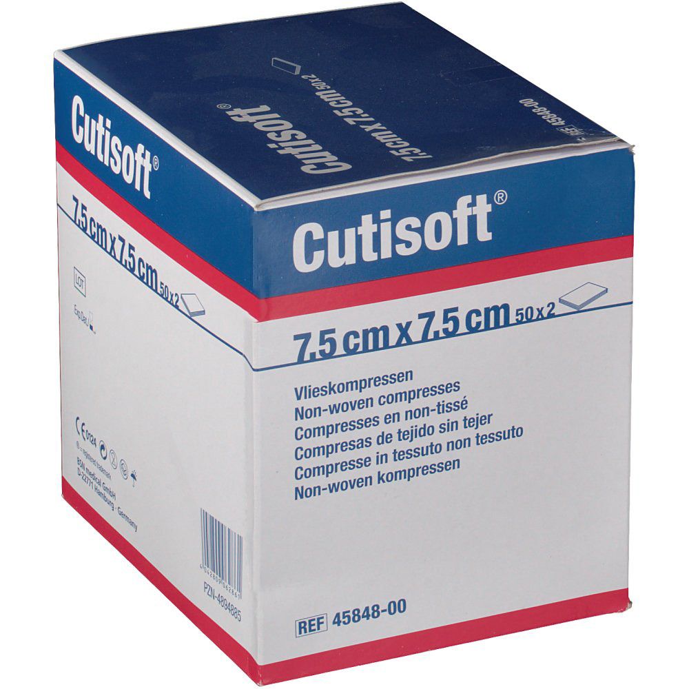 Boîte bleue et blanche 'Cutisoft'. Compresses 7,5 cm x 7,5 cm. Non tissées. BSN Medical. Stérile.