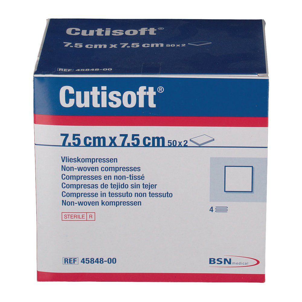 Boîte 'Cutisoft'. Compresses 7,5 cm x 7,5 cm. Non tissées. BSN Medical. Stérile.
