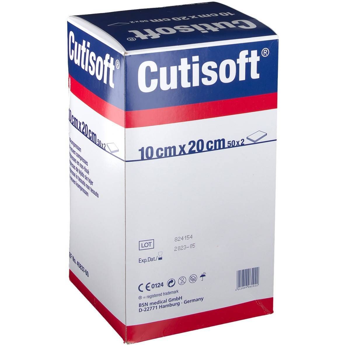 Cutisoft® verpakking. 10 cm x 20 cm kompressen. Blauwe, witte en rode doos. Productinformatie en logo.