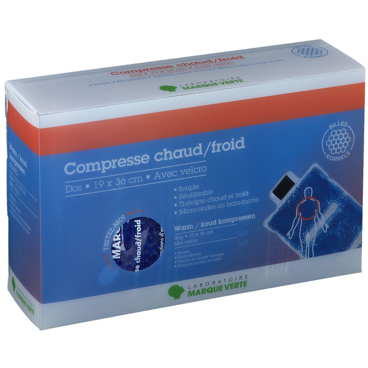 Boîte 'Compresse chaud/froid' 19 x 36 cm avec velcro. Logo Marque Verte. Contient une compresse.