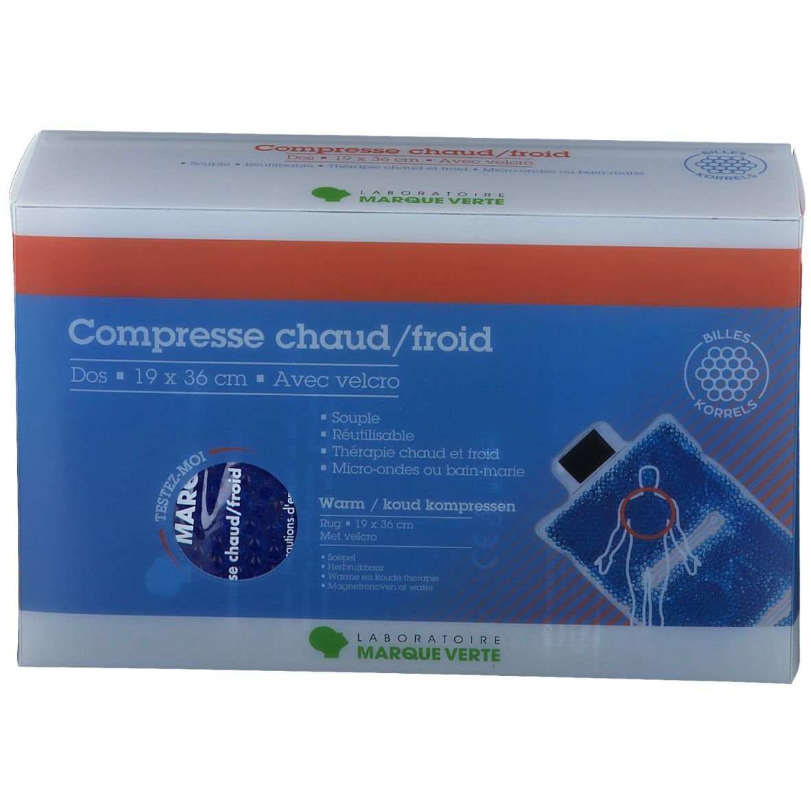 Boîte 'Compresse chaud/froid' 19 x 36 cm avec velcro. Logo Marque Verte. Contient une compresse.