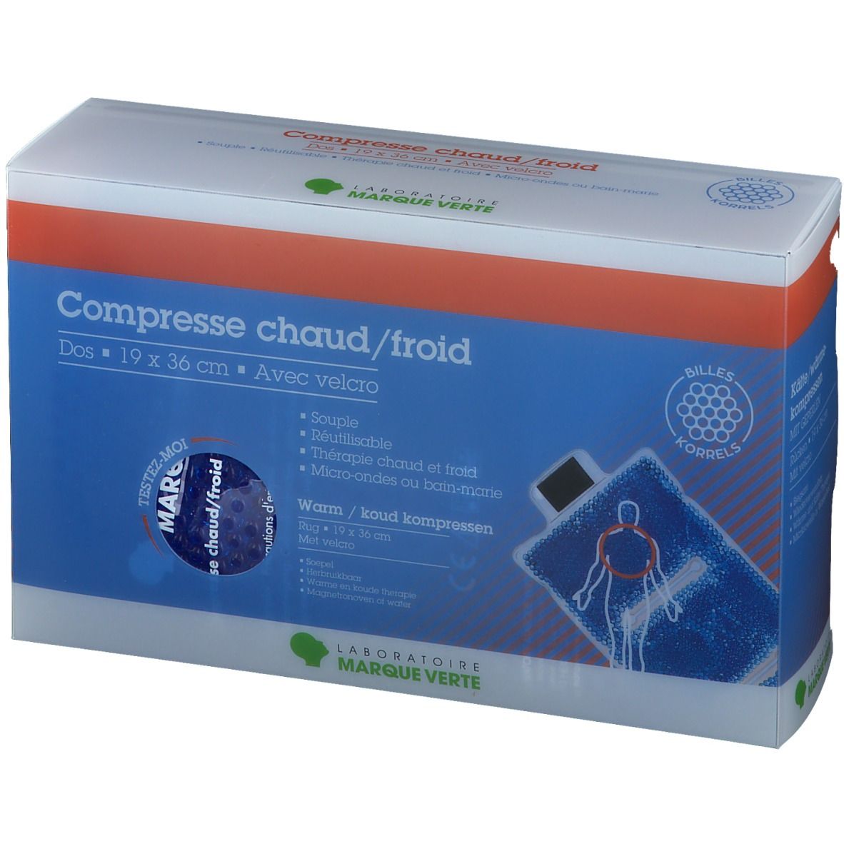 Boîte 'Compresse chaud/froid' 19 x 36 cm avec velcro. Logo Marque Verte. Contient une compresse.