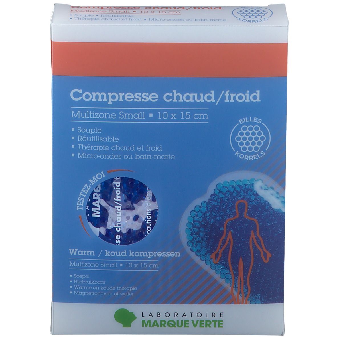 Emballage bleu et rouge. Produit : Compresse chaud/froid Multizone Small 10 x 15 cm. Marque : Laboratoire Marque Verte.