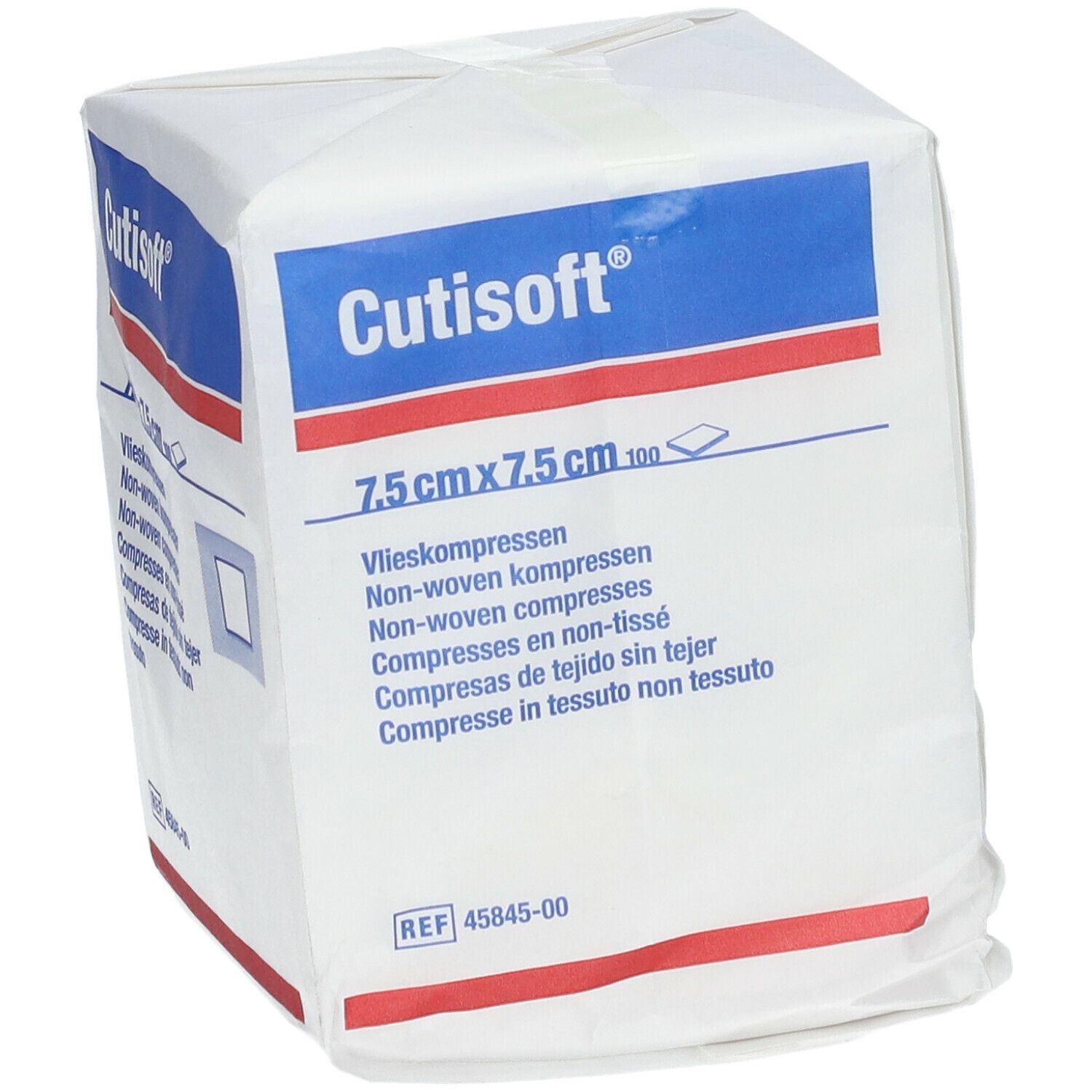 Vierkante verpakking Cutisoft®, 7,5 cm x 7,5 cm non-woven kompressen. Witte verpakking met blauwe en rode details.
