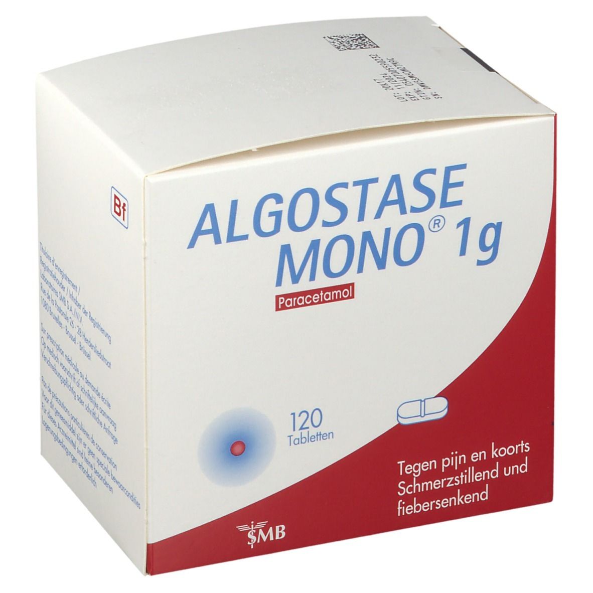 Boîte d'Algostase Mono 1g. Inscription : Paracétamol, 120 comprimés. Fond rouge et blanc.