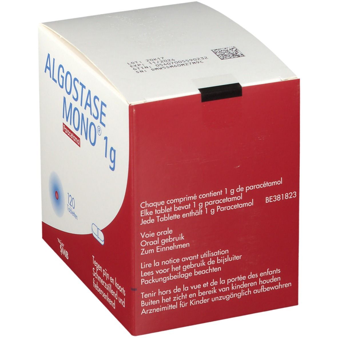 Boîte Algostase Mono 1g. Fond rouge et blanc. Inscription : Paracétamol, 120 comprimés. Vue détaillée.