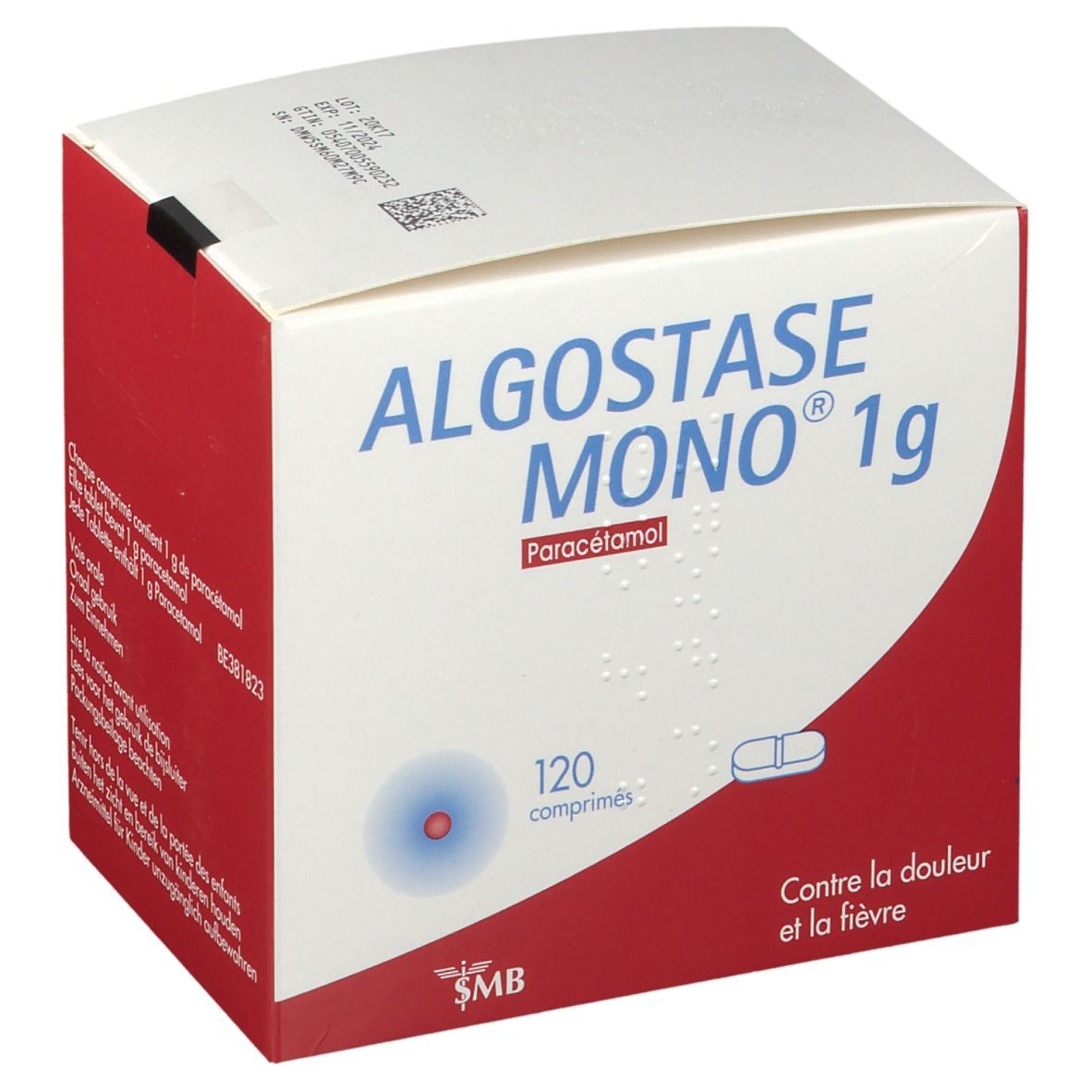 Boîte Algostase Mono 1g. Inscription : Paracétamol, 120 comprimés. Fond rouge et blanc. Vue détaillée.