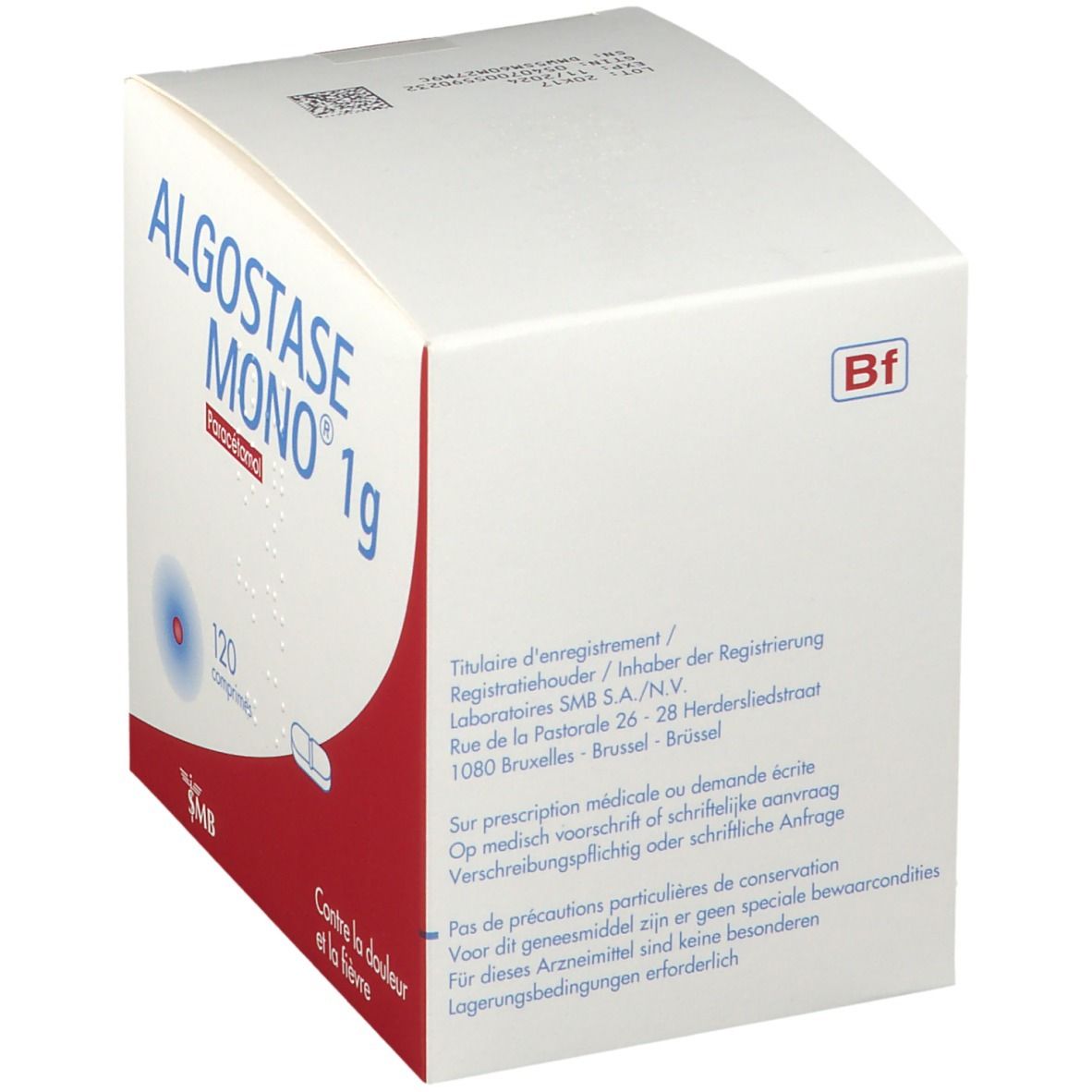 Boîte Algostase Mono 1g. Inscription : Paracétamol, 120 comprimés. Fond rouge et blanc. Vue détaillée.