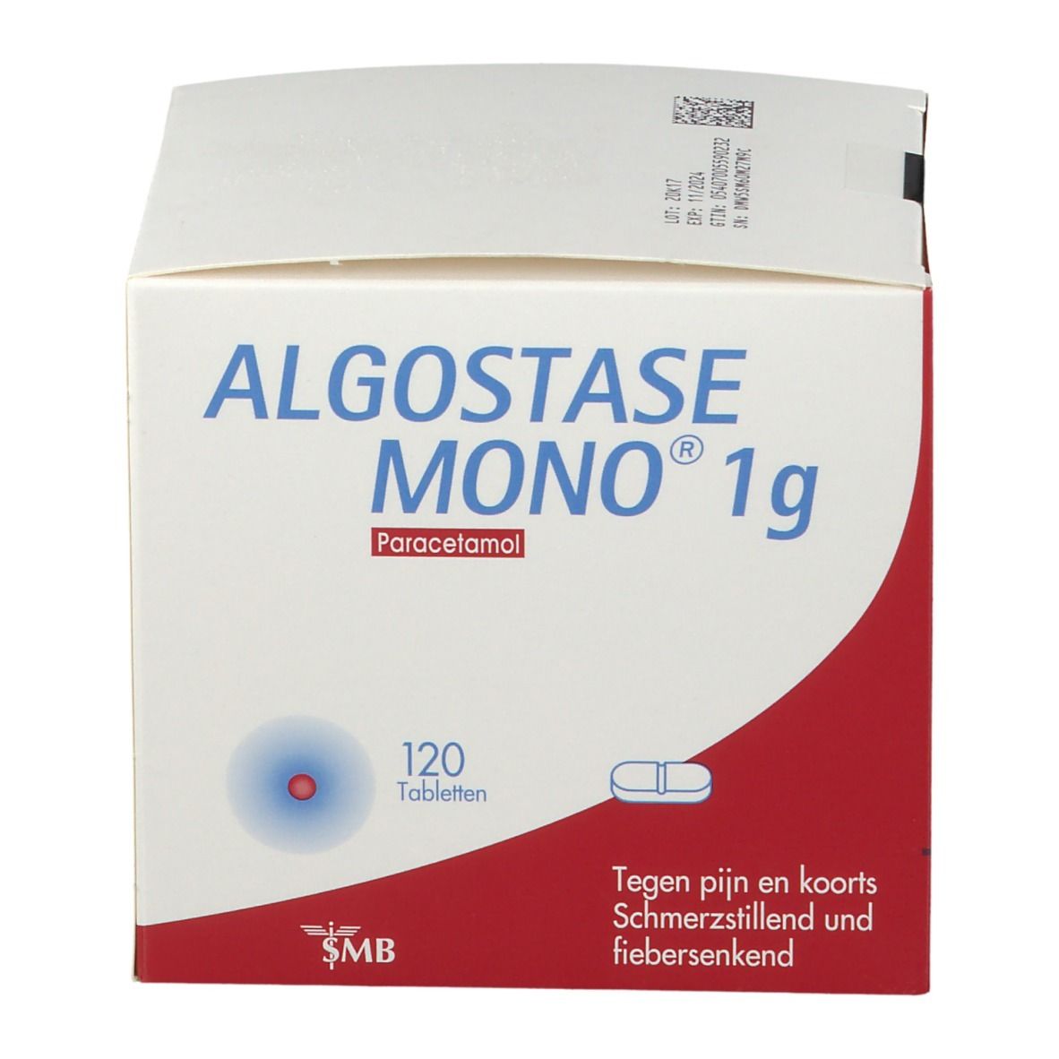 Boîte Algostase Mono 1g. Inscription : Paracétamol, 120 comprimés. Fond rouge et blanc.