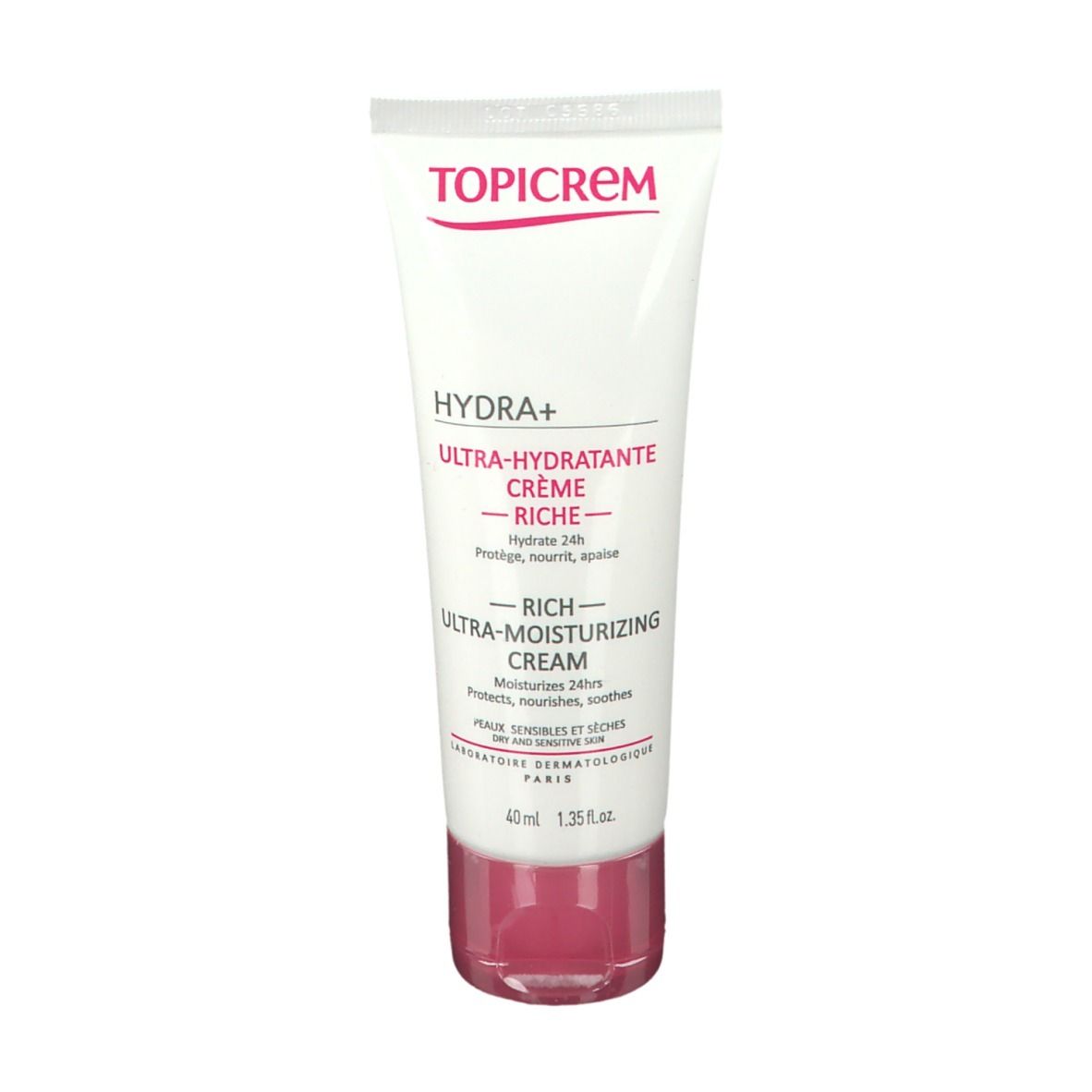 Tube blanc avec texte rouge. Crème. Marque TOPICREM. Texte: HYDRA+ Ultra-Hydratante Crème Riche.