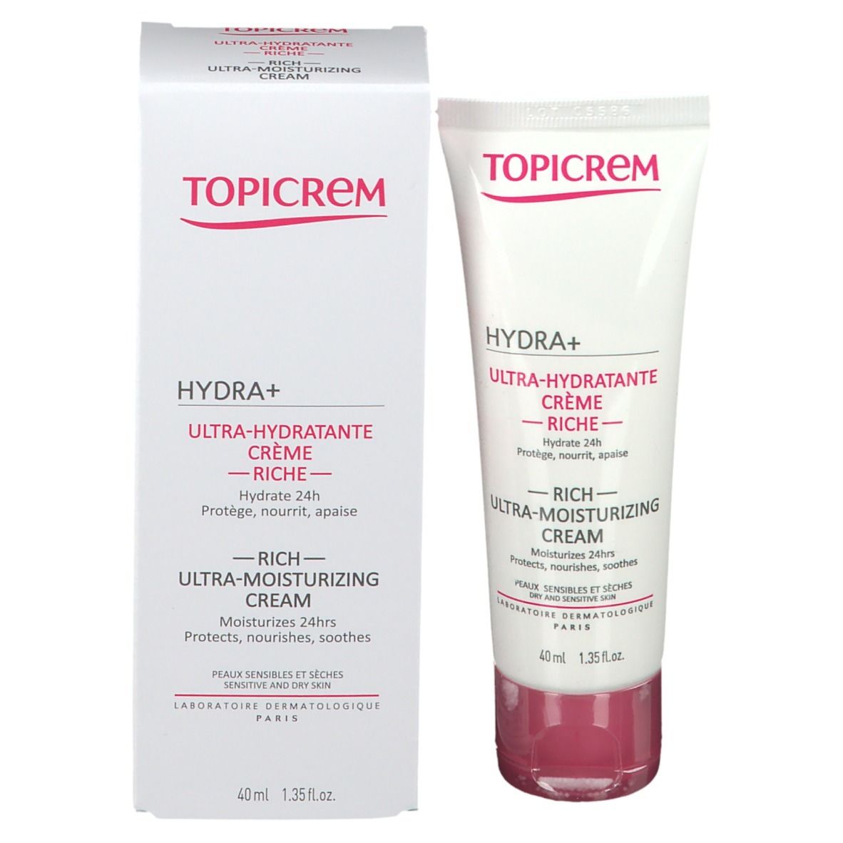 Emballage et tube. Emballage blanc avec texte rouge. Tube blanc avec texte rouge. Marque TOPICREM.