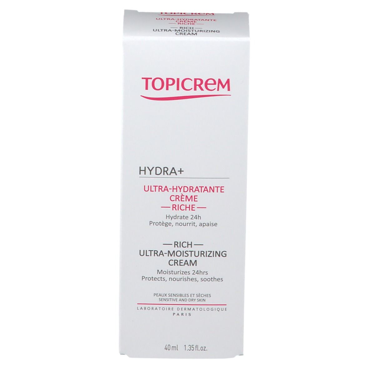 Emballage blanc avec texte rouge. Marque TOPICREM. Texte: HYDRA+ Ultra-Hydratante Crème Riche.