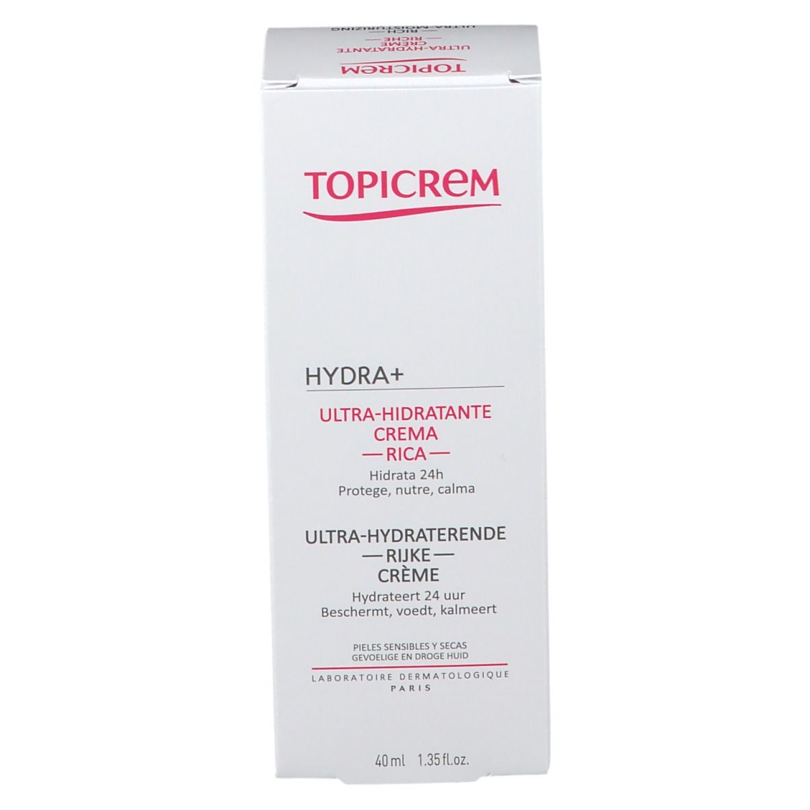 Emballage. Texte multilingue. Marque TOPICREM. Texte: HYDRA+ Ultra-Hydratante Crème Riche.