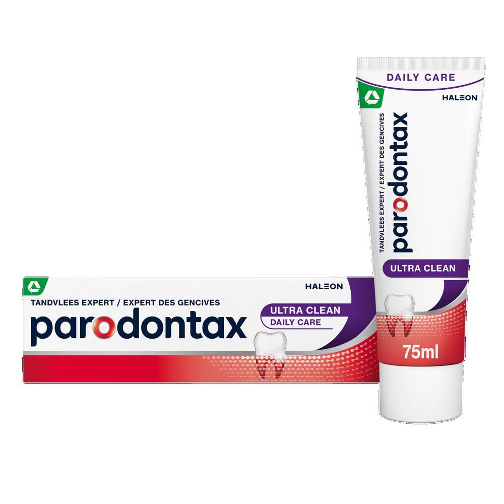 Tube et emballage de dentifrice Parodontax Ultra Clean. Blanc, violet et rouge. 75ml.