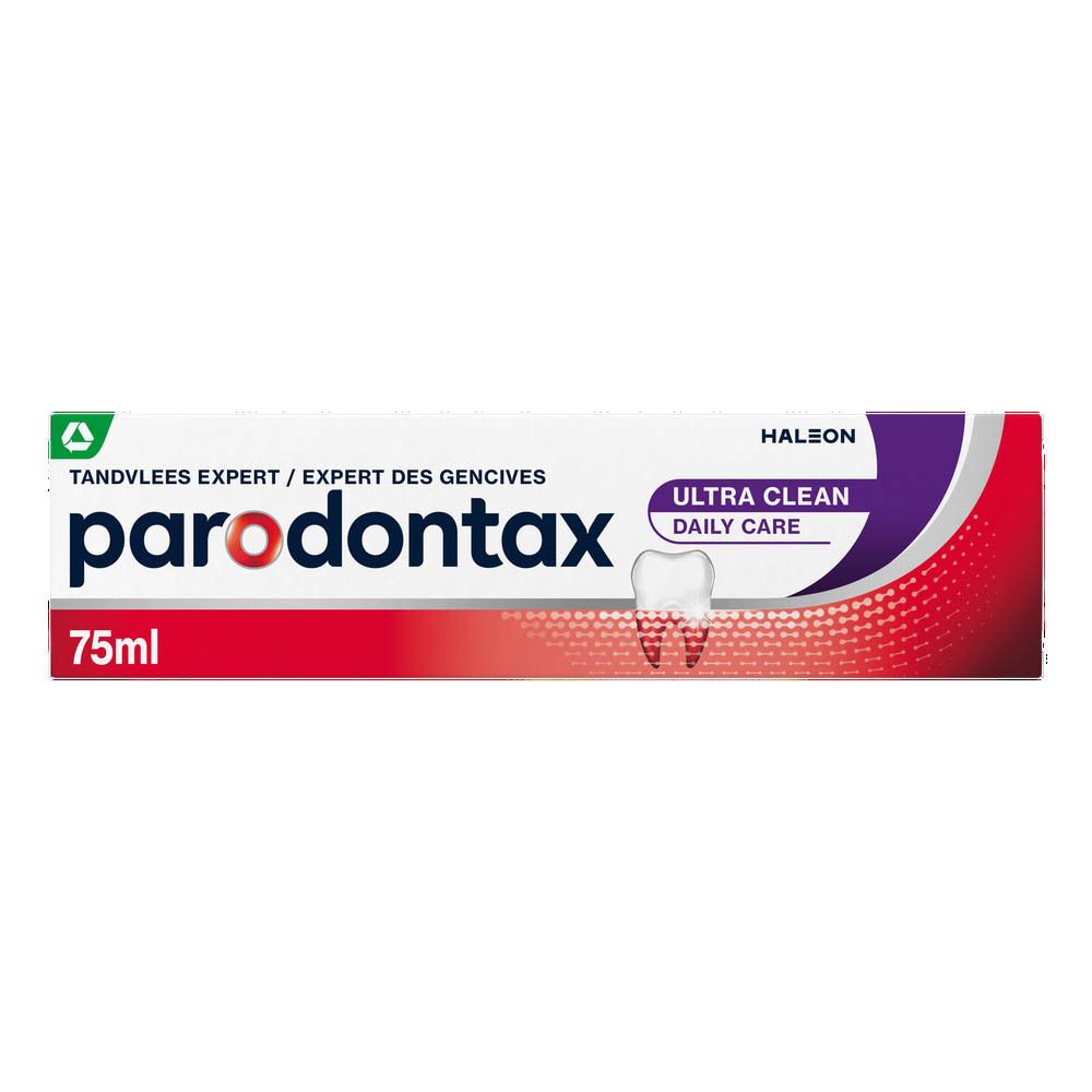 Emballage de dentifrice Parodontax Ultra Clean. Blanc, violet et rouge. 75ml.