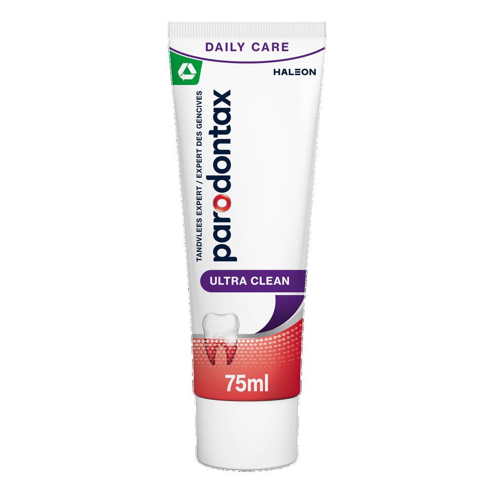 Tube de dentifrice Parodontax Ultra Clean. Blanc, violet et rouge. 75ml.