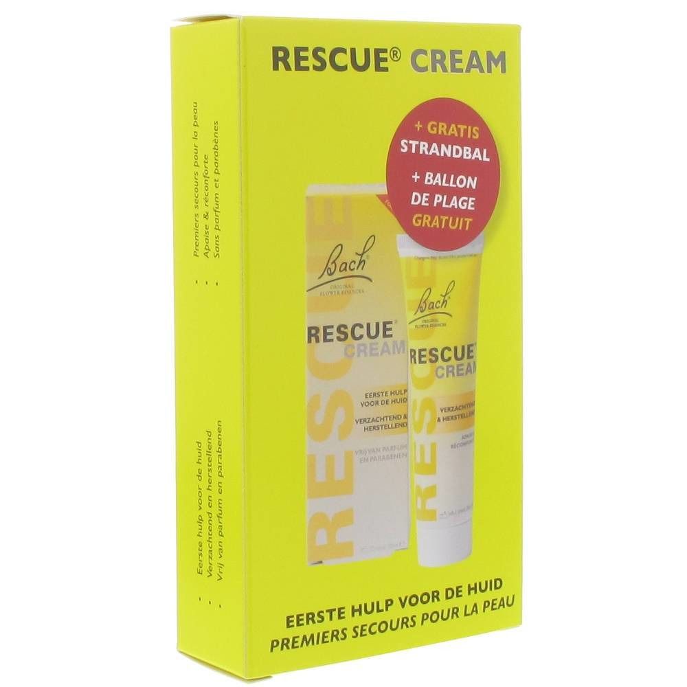 Gele verpakking met crème tube. Opschrift RESCUE® CREAM en Bach logo. Inclusief strandbal.
