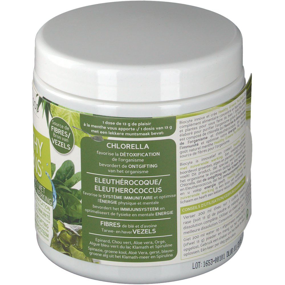 Dos du pot blanc. Étiquette avec informations produit, dont "Chlorella" et "Eleutherococcus".