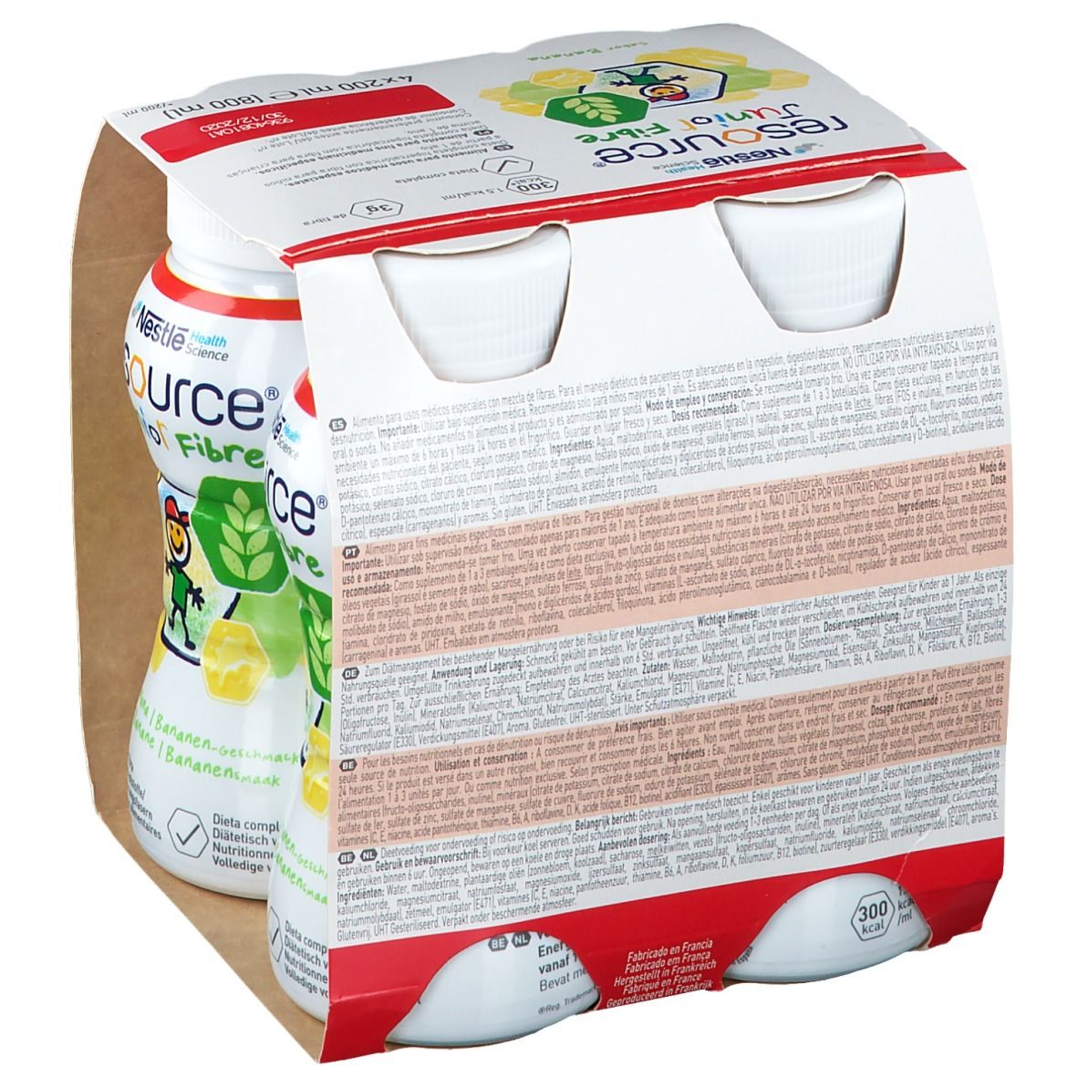 Achterkant van de verpakking met vier flessen Resource Junior Fibre Banane. Meertalige tekst. Opschrift: Nestle Health Science.