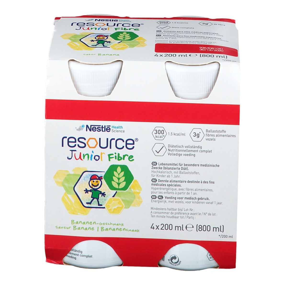 Verpakking met vier flessen Resource Junior Fibre Banane. Opschriften: Nestle Health Science, 4x200 ml, 3g voedingsvezels.