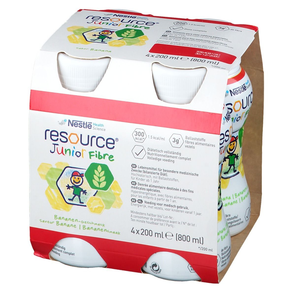 Verpakking met vier flessen Resource Junior Fibre Banane. Opschriften: Nestle Health Science, 4x200 ml, 3g voedingsvezels.