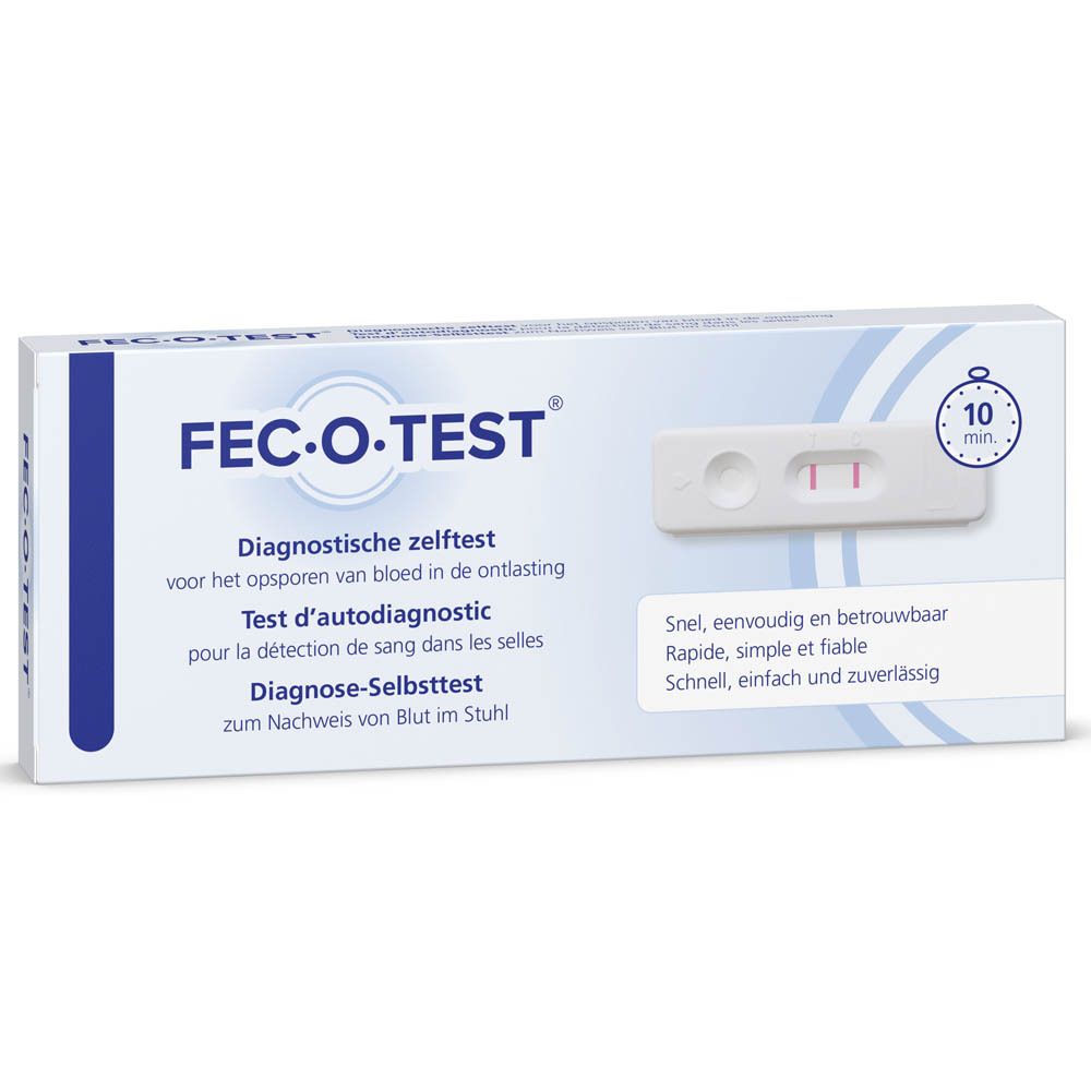 Emballage Fec-O-Test. Nom du produit, indicateur de résultat et symbole de 10 minutes. Inscriptions multilingues.
