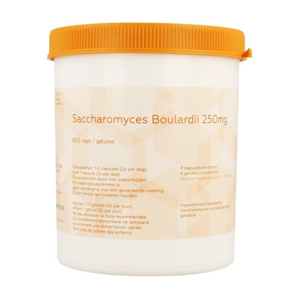 Witte pot met oranje deksel. Opschrift: Saccharomyces Boulardii 250mg, 400 capsules. Tekst in meerdere talen.