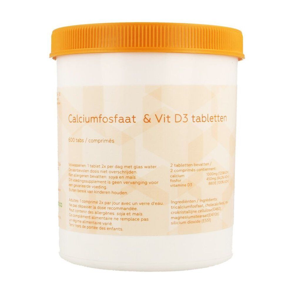 Récipient blanc avec couvercle orange. Inscription: Calciumfosfaat & Vit D3 tabletten. 600 comprimés.