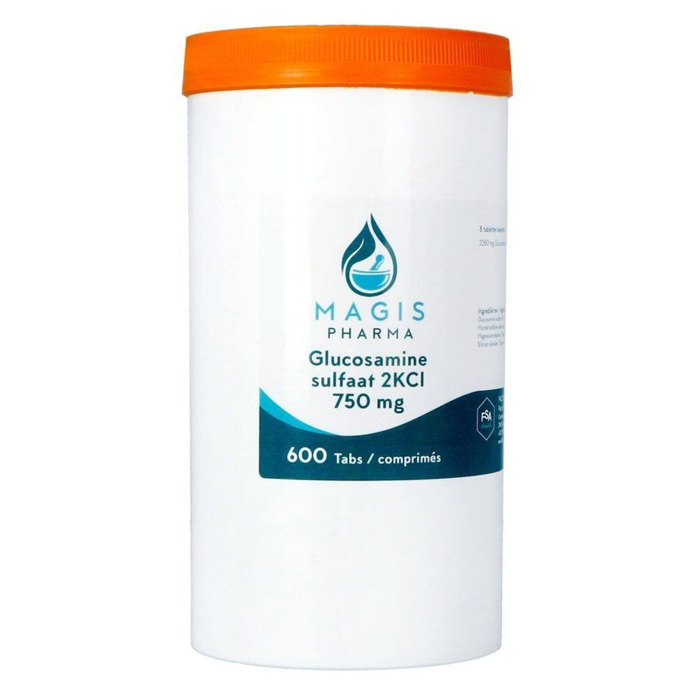 Récipient blanc avec couvercle bleu. Inscription : MAGIS PHARMA, Glucosamine sulfaat 2KCl 750 mg, 600 Tabs/comprimés.
