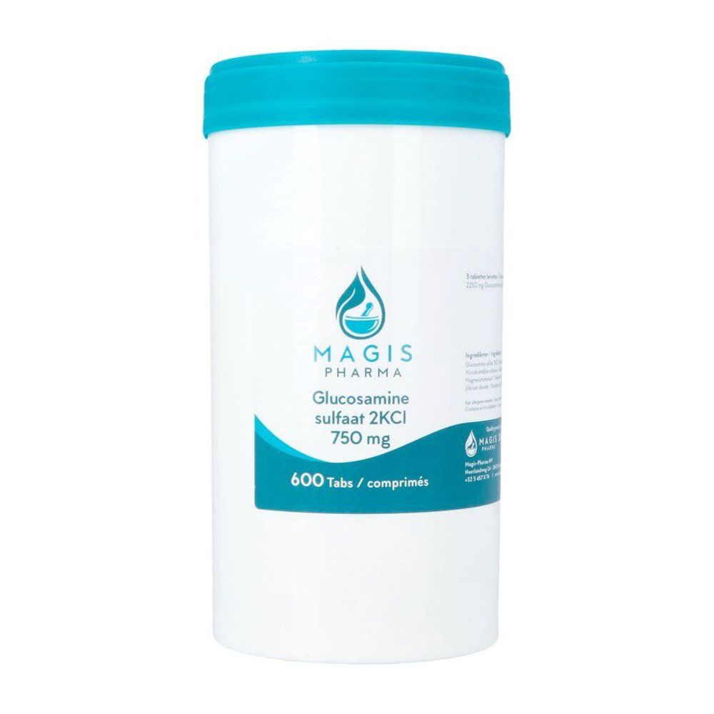 Récipient blanc avec couvercle turquoise. Inscription : MAGIS PHARMA, Glucosamine sulfaat 2KCl 750 mg, 600 Tabs/comprimés.