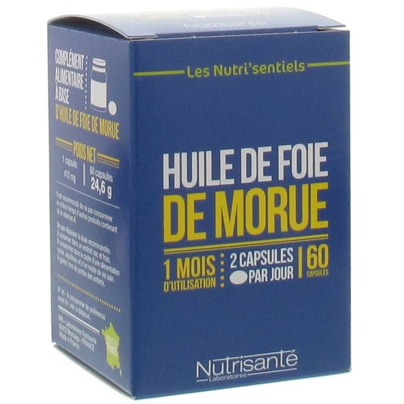 Blauwe doos met gele tekst. "Huile de Foie de Morue" en "Nutrisanté" zichtbaar. Bevat 60 capsules.