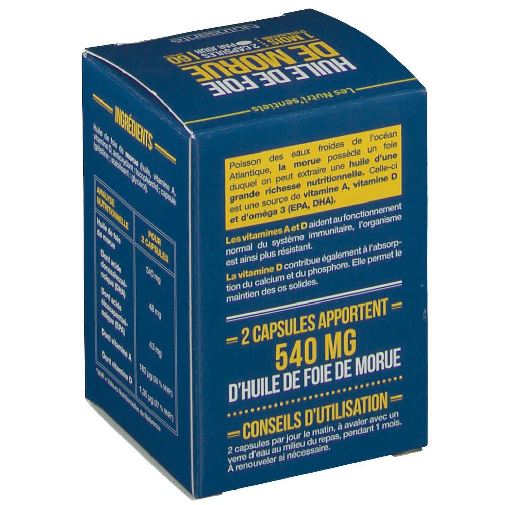 Achterkant blauwe doos. Tekst over ingrediënten en voedingsanalyse. Merk: Nutrisanté. Bevat 2 capsules.