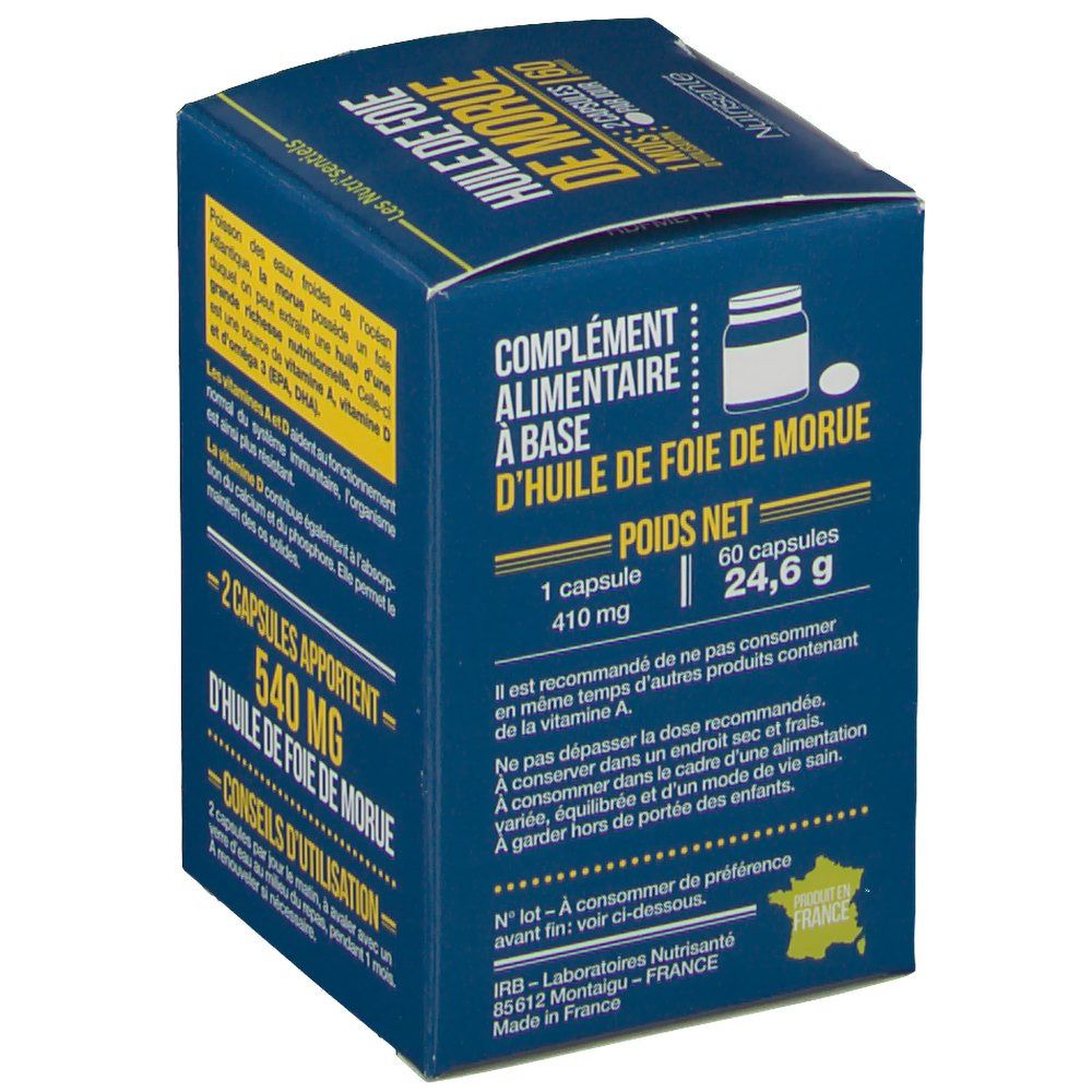 Achterkant blauwe doos. Tekst over ingrediënten en voedingsanalyse. Merk: Nutrisanté. Bevat 2 capsules.