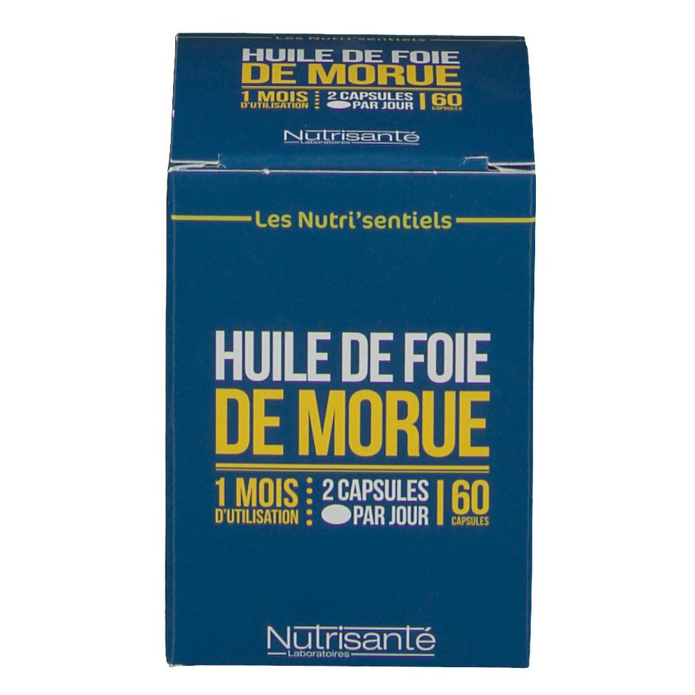 Blauwe doos met gele tekst. "Huile de Foie de Morue" en "Nutrisanté" zichtbaar. Bevat 60 capsules.