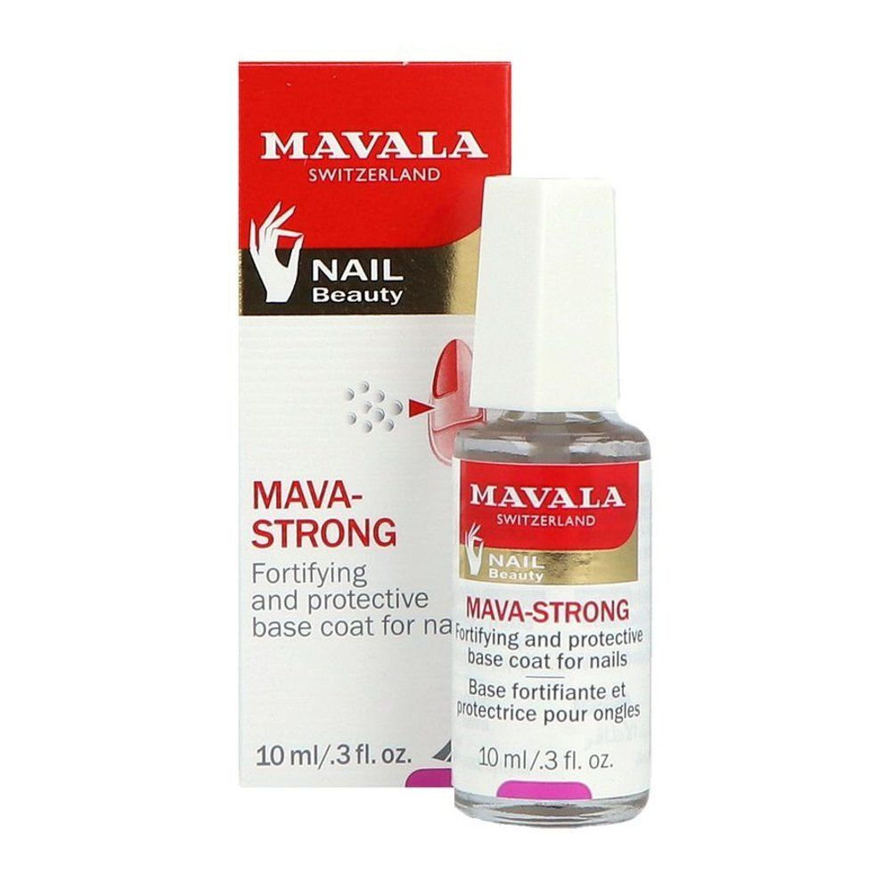 Flacon de vernis à ongles et emballage. Emballage rouge avec logo et nom du produit. 10 ml. Flacon avec bouchon blanc.