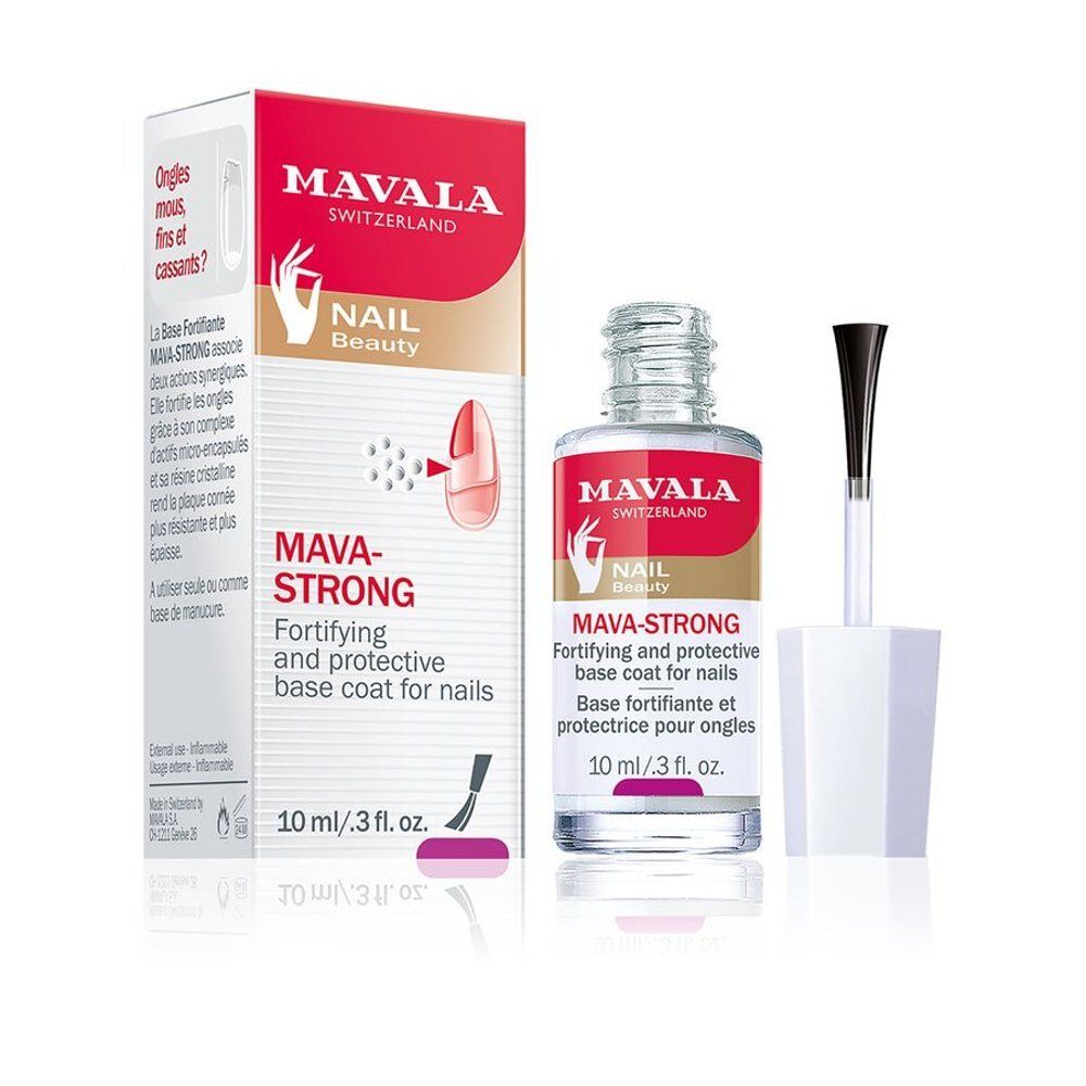 Flacon de vernis à ongles, emballage et pinceau. Emballage rouge avec logo et nom du produit. 10 ml. Flacon avec pinceau.