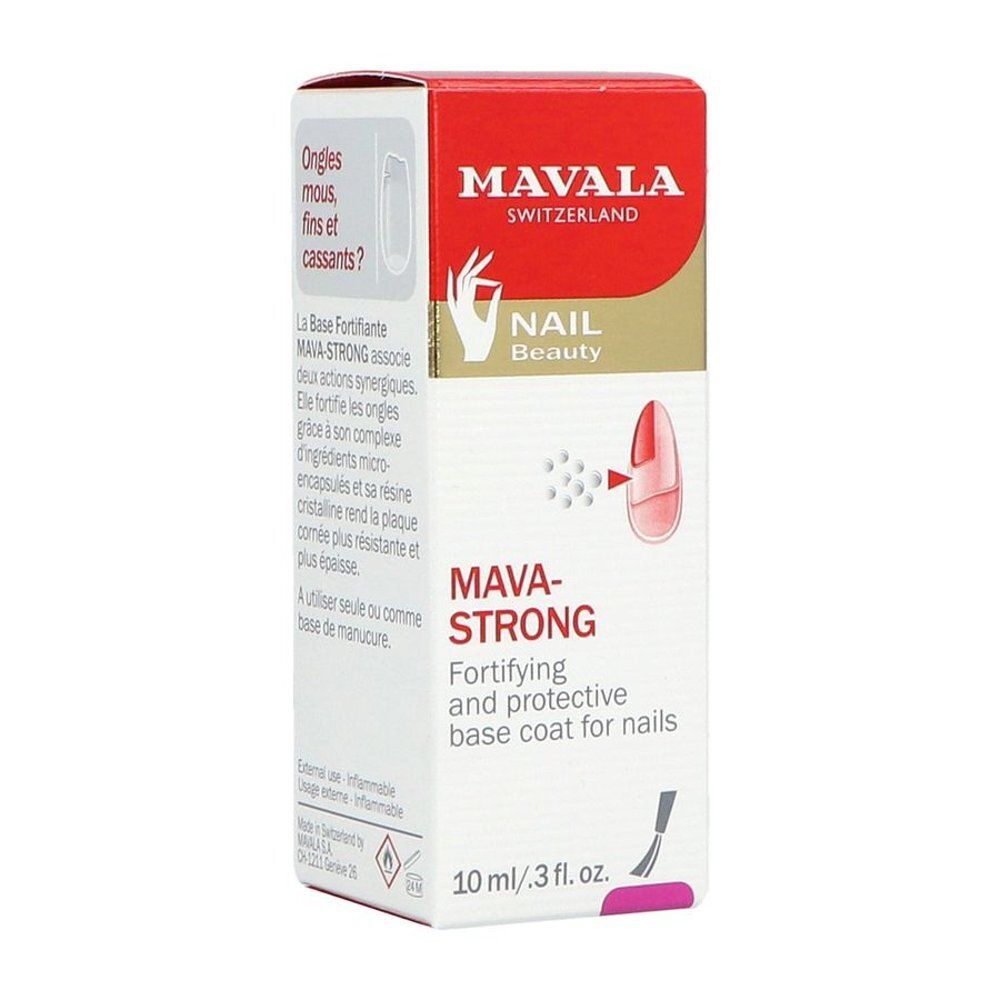 Emballage rouge avec logo et nom du produit. 10 ml. Texte sur les ongles. Symbole de pinceau.