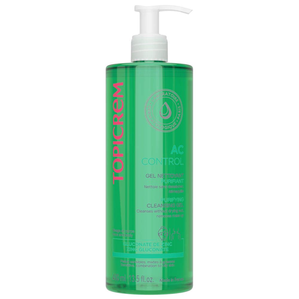 Groene fles met pomp. Opschrift TOPICREM, AC CONTROL, Gel Nettoyant Purifiant, Purifying Cleansing Gel. Voor onzuivere huid.