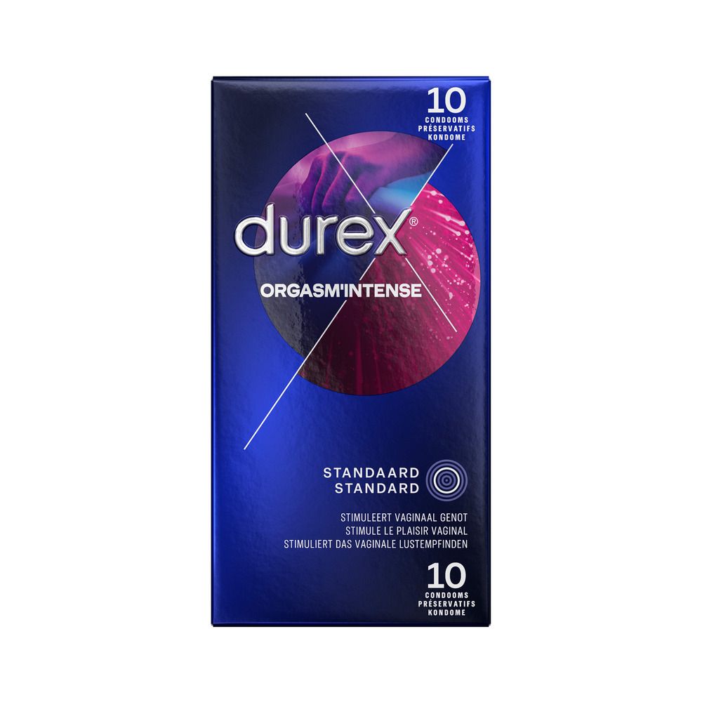 Boîte bleue foncée avec "durex ORGASM'INTENSE" et 10 préservatifs. Texte en français et allemand.