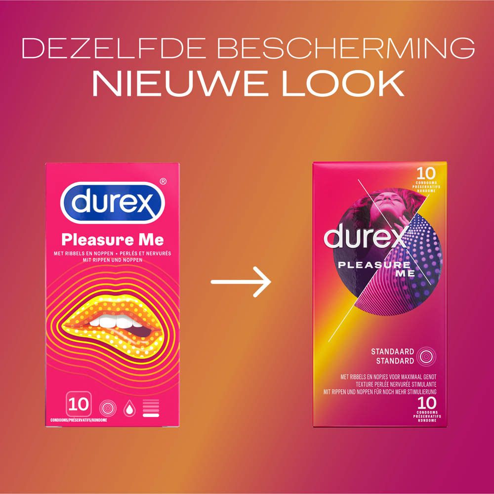 Durex Pleasure Me-verpakking. Zijaanzicht met tekst. 10 condooms, informatie over de maat.