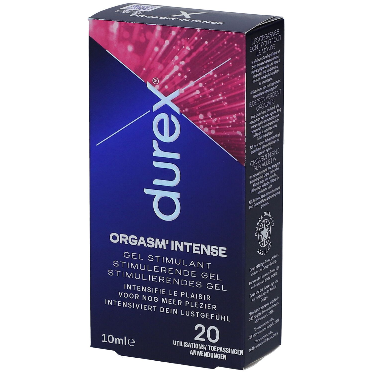 Durex Orgasm'Intense Gel Stimulant. Emballage. Emballage bleu avec nom du produit et 10ml.