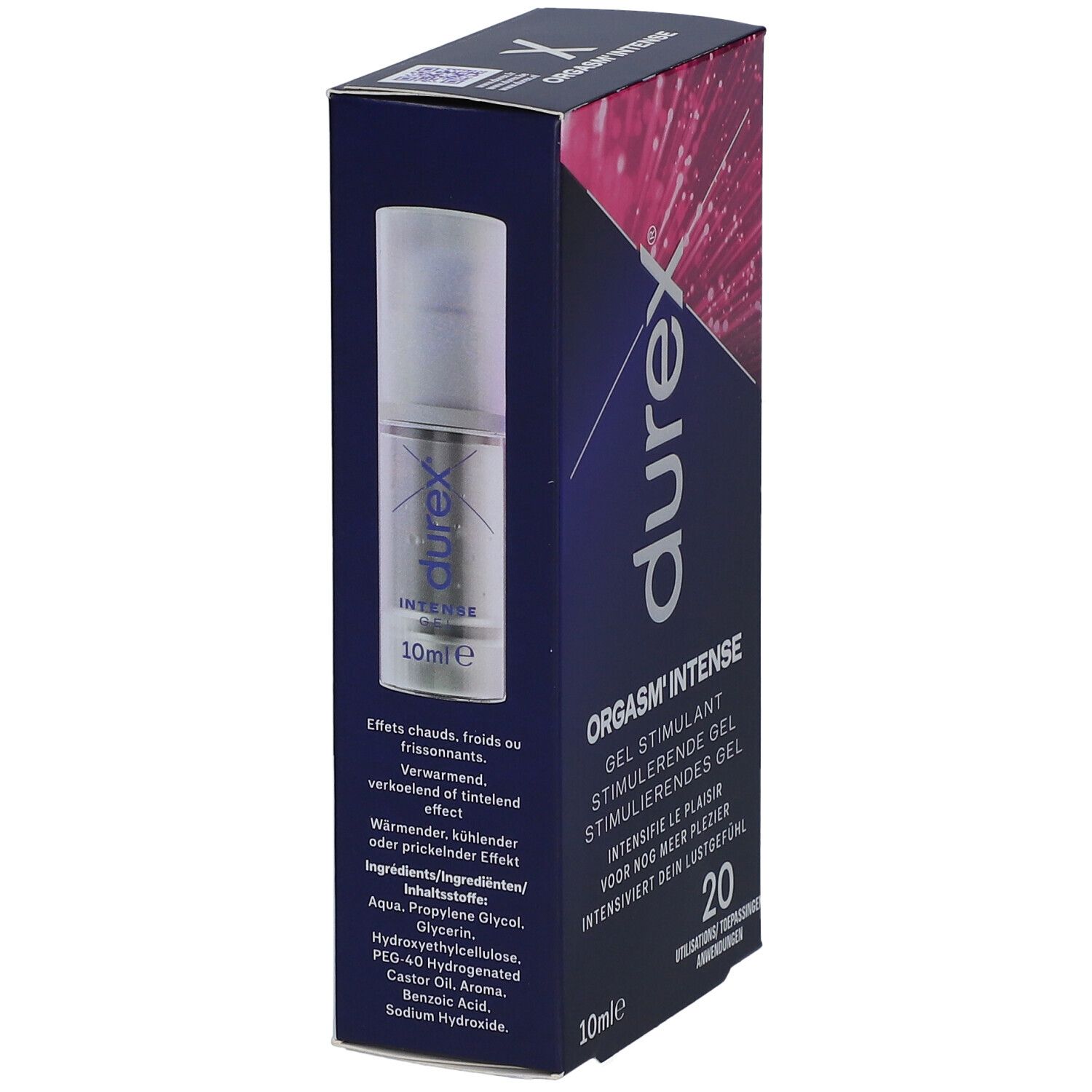 Durex Orgasm'Intense Gel Stimulant. Emballage et flacon. 10ml. Emballage bleu avec nom du produit.