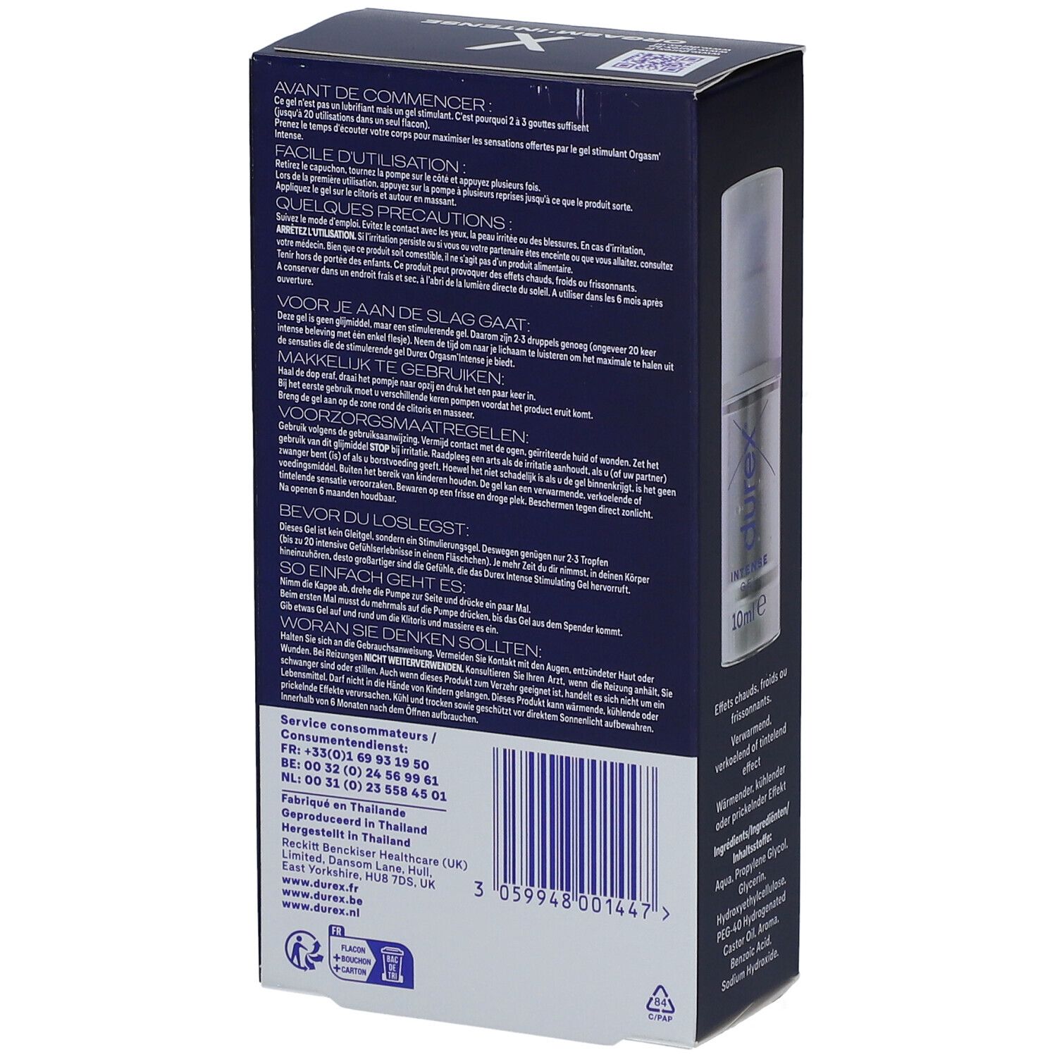 Dos de l'emballage. Texte et informations sur le produit. Flacon 10ml.