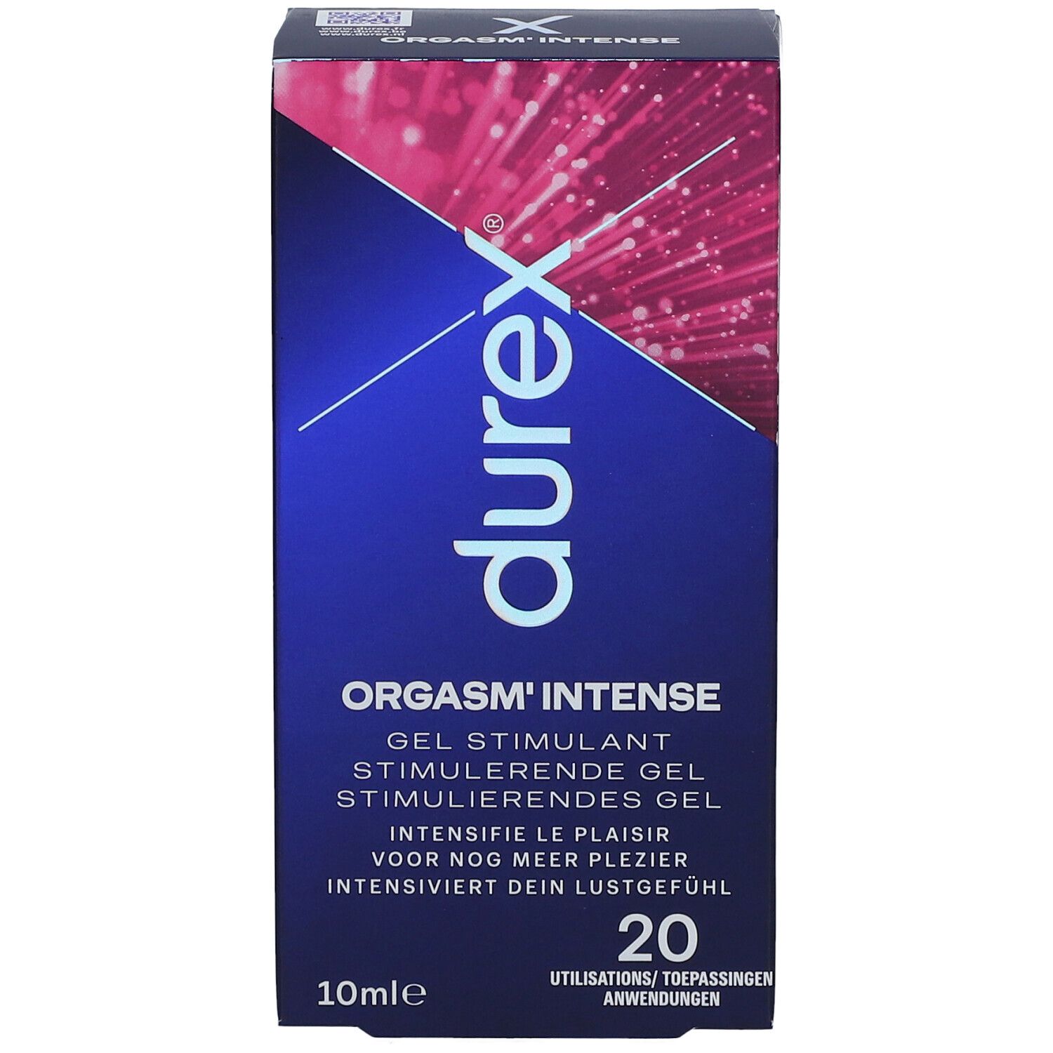 Durex Orgasm'Intense Gel Stimulant. Emballage. Emballage bleu avec nom du produit et 10ml.