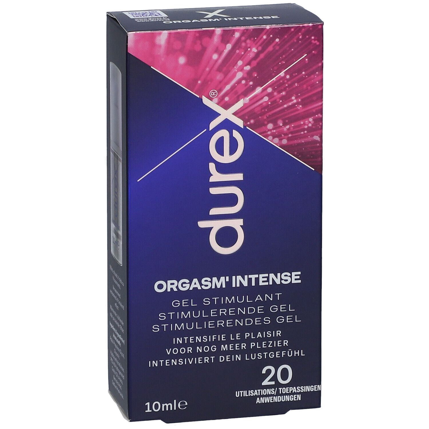 Durex Orgasm'Intense Gel Stimulant. Flacon. 10ml. Flacon transparent avec bouchon blanc.