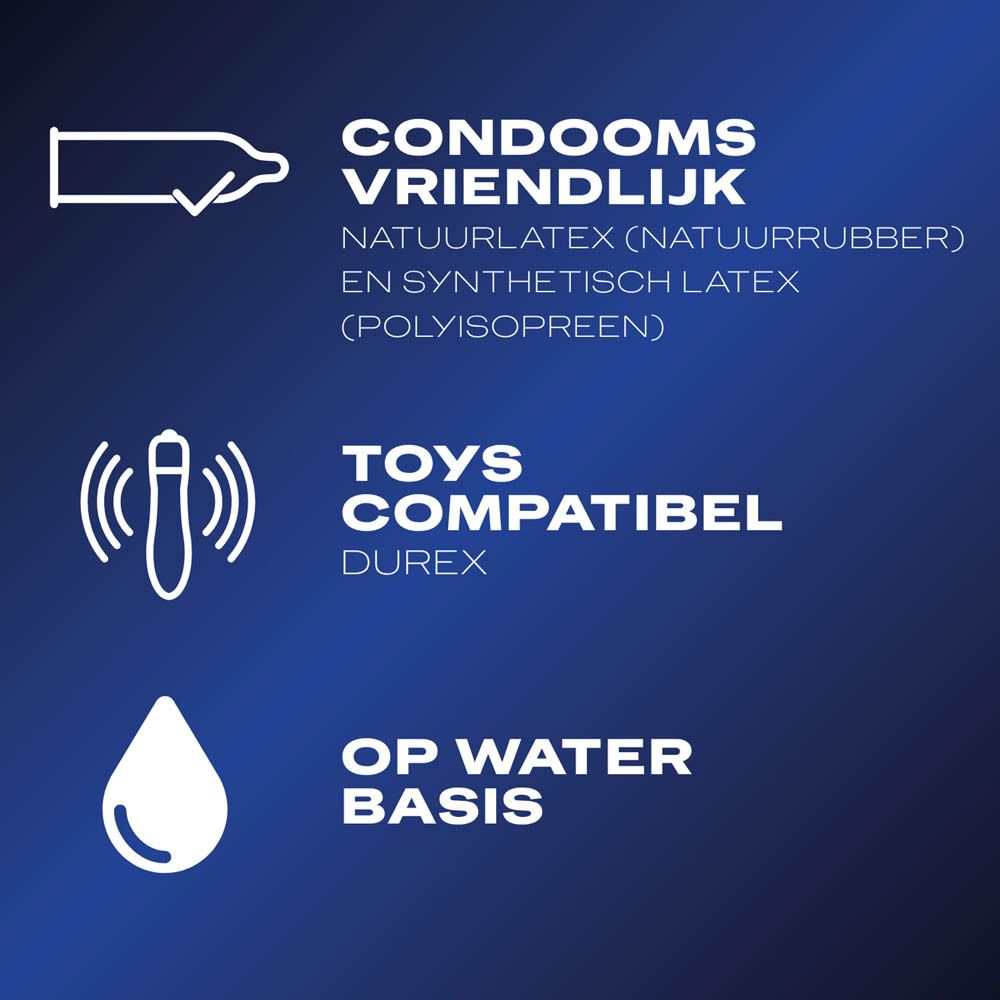 Drie logo's: Wereldleider nr. 1, breed assortiment glijmiddelen, Durex kwaliteit gegarandeerd.