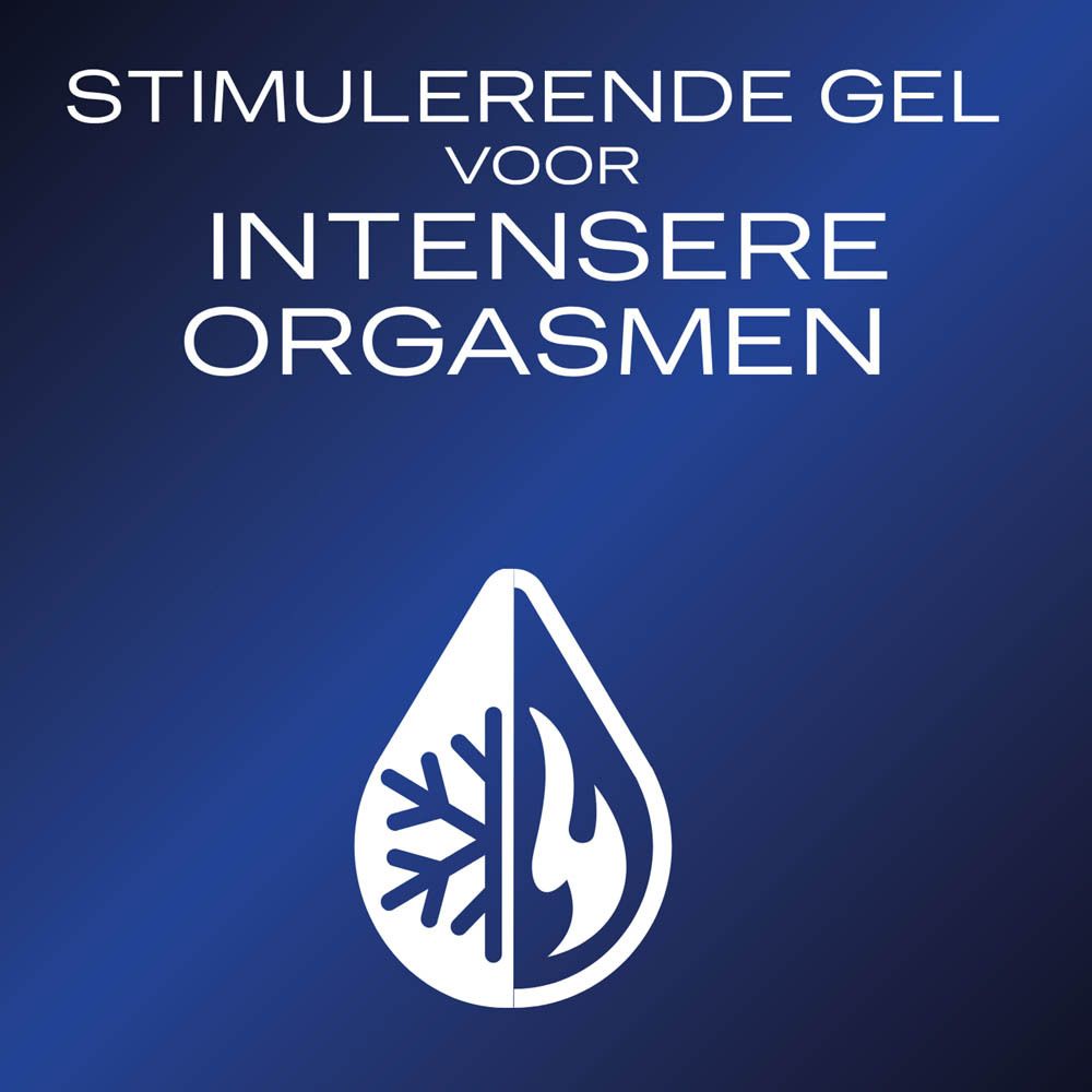 Durex Orgasm'Intense Gel Stimulant. Verpakking en fles. 10ml. Blauwe verpakking met productnaam.