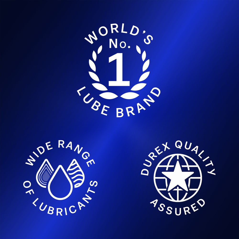 Trois logos sur fond bleu. 'World's No. 1 Lube Brand', 'Wide range of lubricants', 'Durex Quality Assured'.