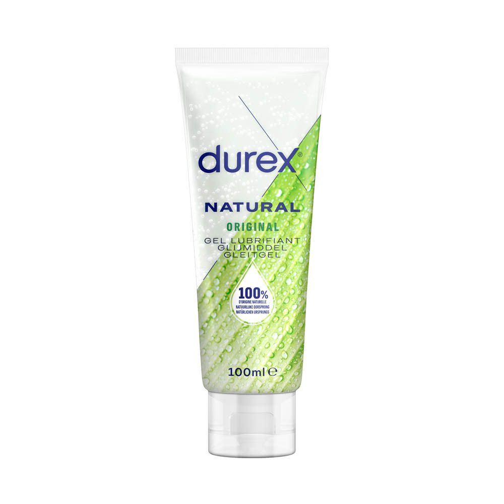 Tube de gel lubrifiant Durex Natural Original. Tube blanc avec design vert, gouttes et feuille d'aloe vera. 100ml.